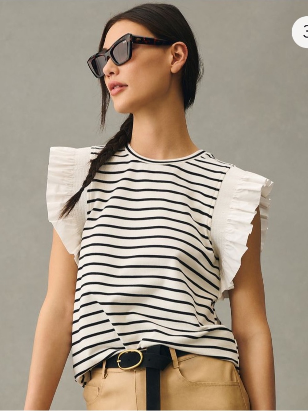 English Factory Striped Ruffle-Sleeve Top in Ivory and Black